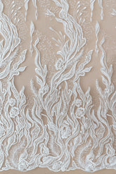 Dantela Couture Ivory cu Model Floral Liniar, cu Cristale, Perle si Paiete